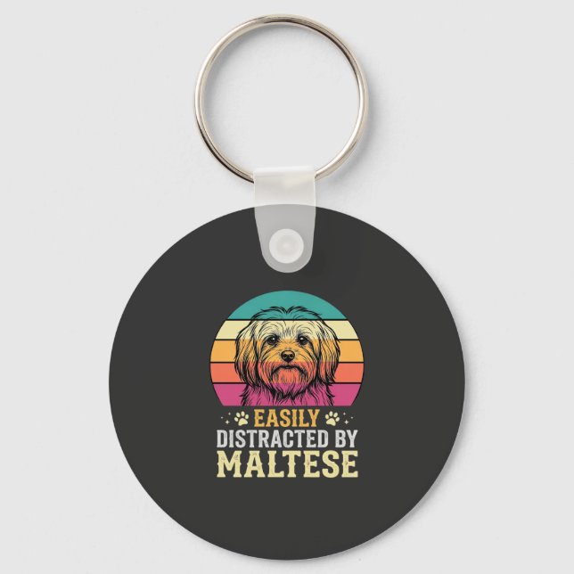 Maltese Dog Retro Sunset Distracted Keychain (Front)