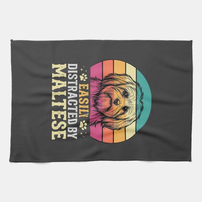 Maltese Dog Retro Sunset Distracted Kitchen Towel (Horizontal)