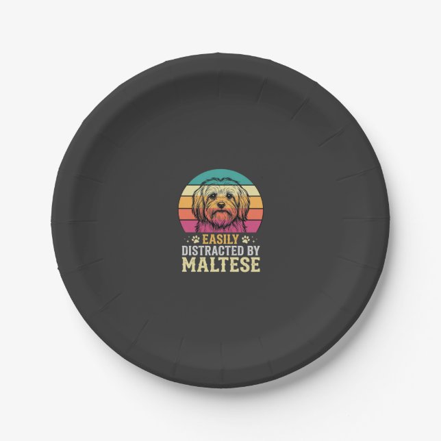 Maltese Dog Retro Sunset Distracted Paper Plate (Front)