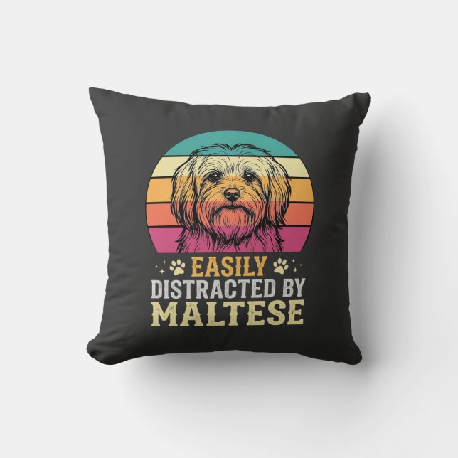 Maltese Dog Retro Sunset Distracted Throw Pillow (Front)