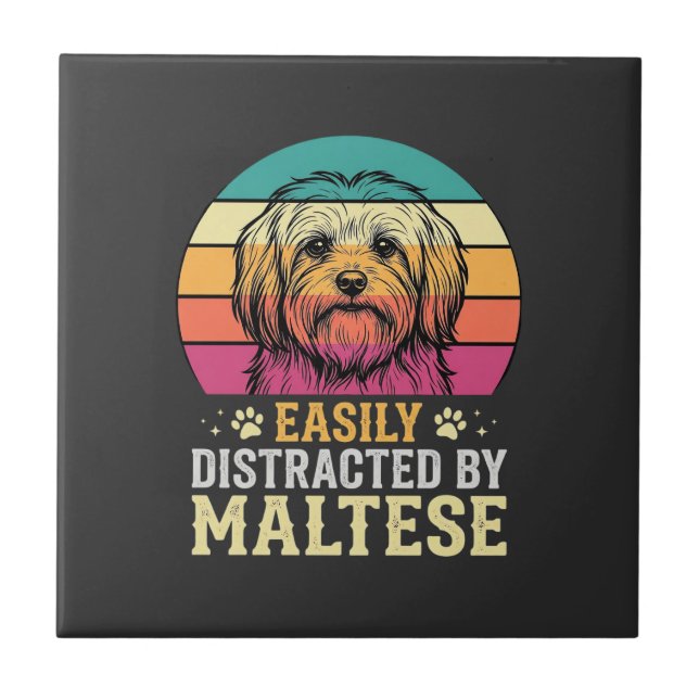 Maltese Dog Retro Sunset Distracted Tile (Front)