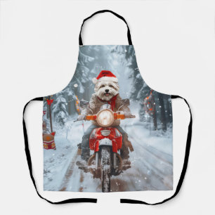 Maltese Dog Riding Motorcycle Christmas Apron