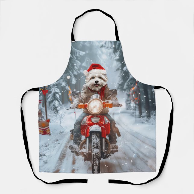 Maltese Dog Riding Motorcycle Christmas Apron (Front)