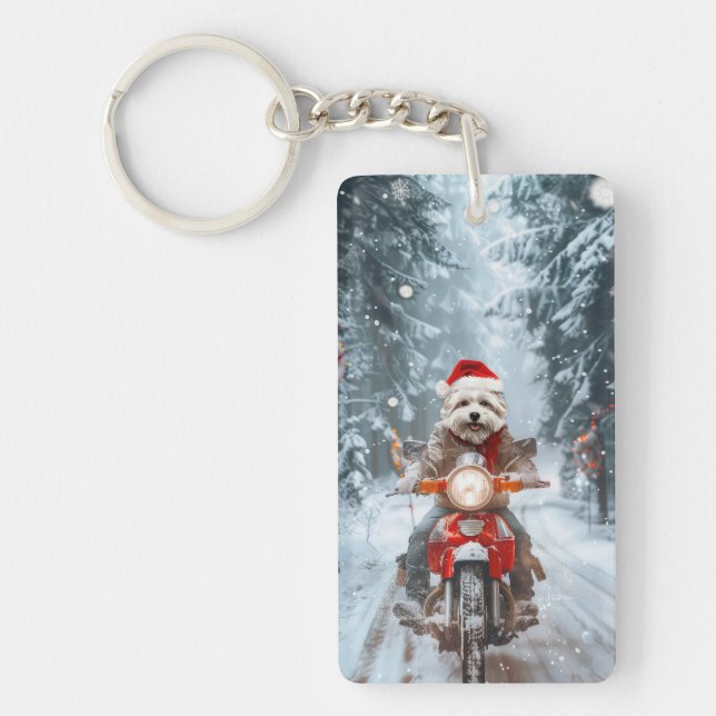 Maltese Dog Riding Motorcycle Christmas Keychain (Front)