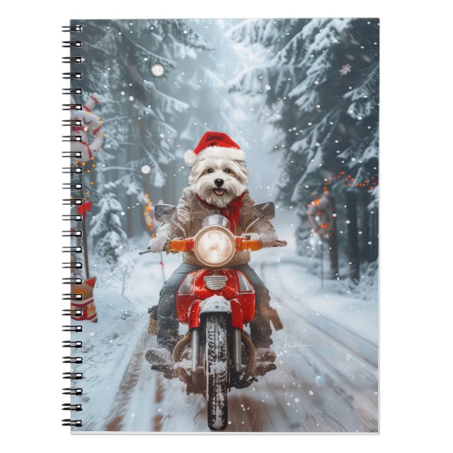 Maltese Dog Riding Motorcycle Christmas Notebook (Front)