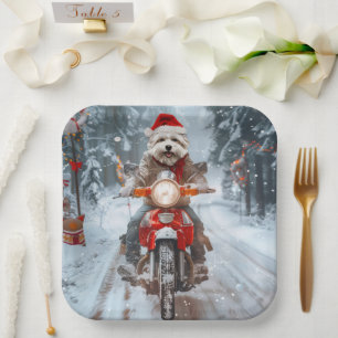 Maltese Dog Riding Motorcycle Christmas Paper Plate
