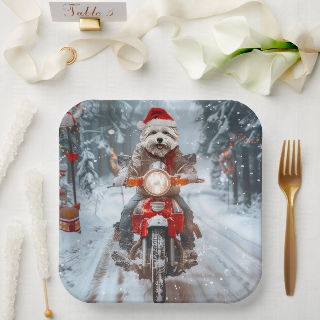 Maltese Dog Riding Motorcycle Christmas Paper Plate (Wedding)