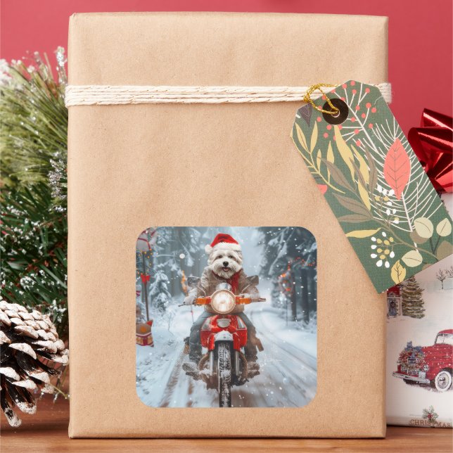 Maltese Dog Riding Motorcycle Christmas Square Sticker (Holiday)