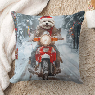 Maltese Dog Riding Motorcycle Christmas Throw Pillow