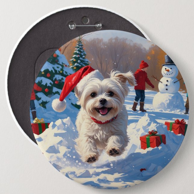 Maltese Dog Running in Snow with Christmas Hat 6 Inch Round Button (Front & Back)