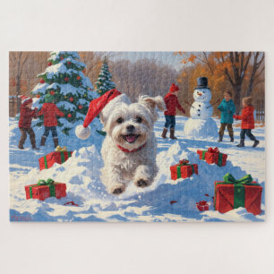 Maltese Dog Running in Snow with Christmas Hat Jigsaw Puzzle