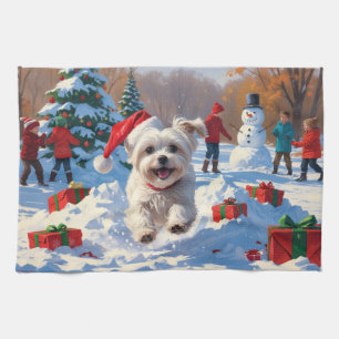 Maltese Dog Running in Snow with Christmas Hat Kitchen Towel