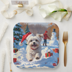 Maltese Dog Running in Snow with Christmas Hat Paper Plate
