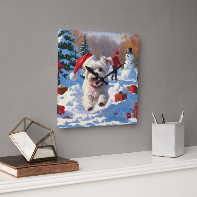 Maltese Dog Running in Snow with Christmas Hat Square Wall Clock (Office)