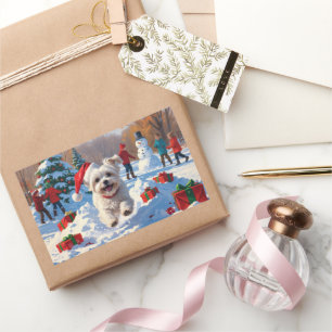 Maltese Dog Running in Snow with Christmas Hat Sticker