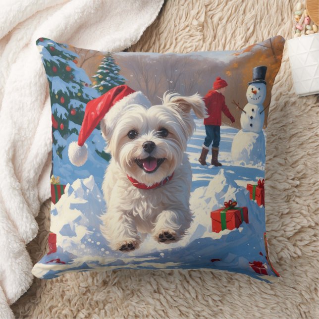 Maltese Dog Running in Snow with Christmas Hat Throw Pillow (Blanket)