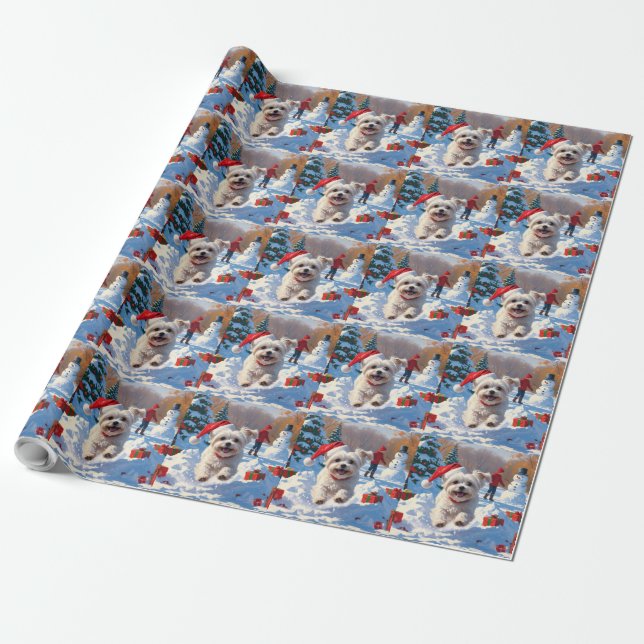 Maltese Dog Running in Snow with Christmas Hat Wrapping Paper (Unrolled)