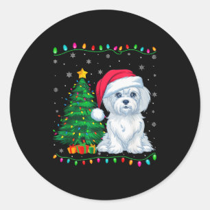 Maltese Dog Santa Hat Men Women Kids Christmas Tre Classic Round Sticker
