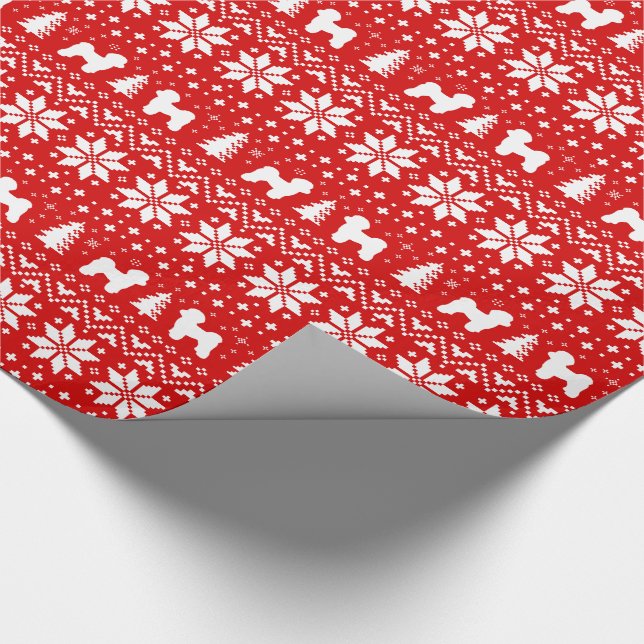Maltese Dog Silhouettes Christmas Holiday Red Wrapping Paper (Corner)