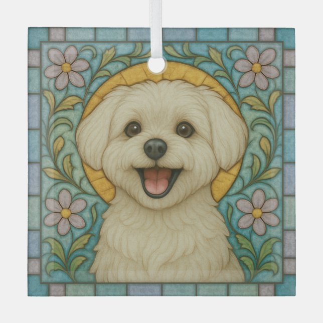 Maltese Dog "Stained Glass"  Glass Ornament (Front)