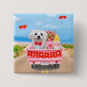 Maltese Dog Valentine's Day Truck 2 Inch Square Button
