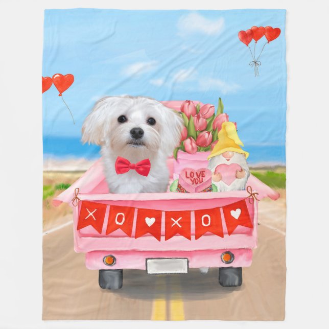 Maltese Dog Valentine's Day Truck Fleece Blanket (Front)