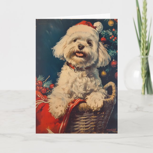 Maltese dog vintage personalized Christmas Holiday Card (Front)