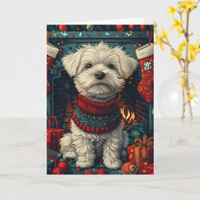 Maltese Dog With Christmas Gifts Fireplace Card (Yellow Flower)