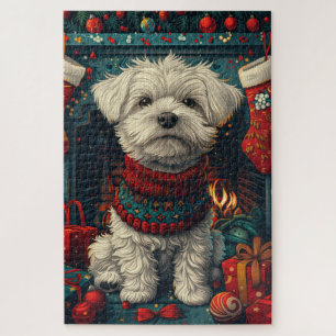 Maltese Dog With Christmas Gifts Fireplace Jigsaw Puzzle