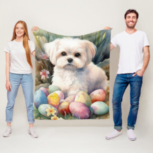 Maltese Dog with Easter Eggs Holiday  Fleece Blanket