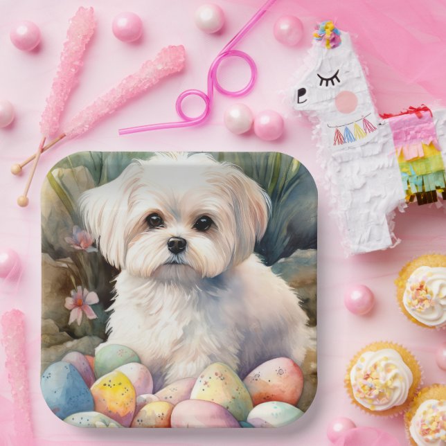 Maltese Dog with Easter Eggs Holiday  Paper Plate (Party)