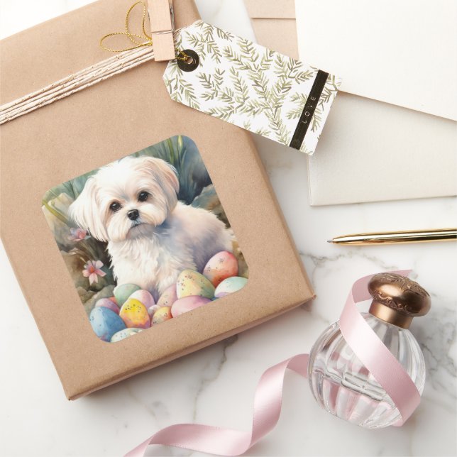 Maltese Dog with Easter Eggs Holiday  Square Sticker (Gifting)