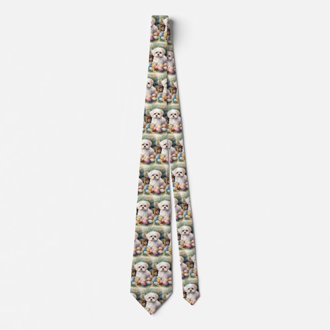 Maltese Dog with Easter Eggs Holiday  Tie (Front)