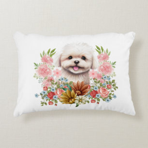 Maltese Dog with Flowers, Cute Maltese Puppy Accent Pillow