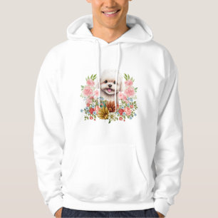 Maltese Dog with Flowers, Cute Maltese Puppy Hoodie
