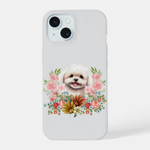Maltese Dog with Flowers, Cute Maltese Puppy iPhone 15 Case