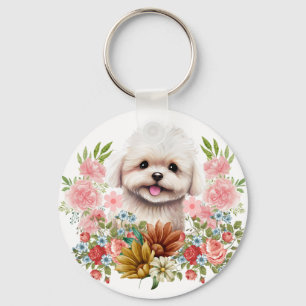 Maltese Dog with Flowers, Cute Maltese Puppy Keychain