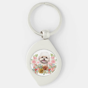 Maltese Dog with Flowers, Cute Maltese Puppy Keychain