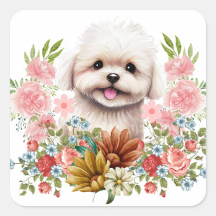 Maltese Dog with Flowers, Cute Maltese Puppy Square Sticker