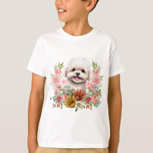 Maltese Dog with Flowers, Cute Maltese Puppy T-Shirt