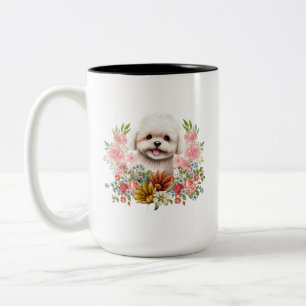 Maltese Dog with Flowers, Cute Maltese Puppy Two-Tone Coffee Mug
