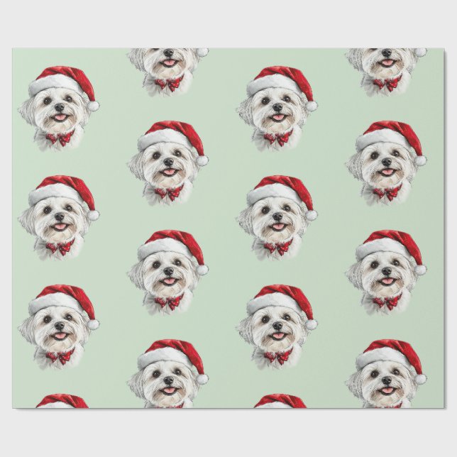 Maltese Dog with Santa Hat Wrapping Paper (Flat)