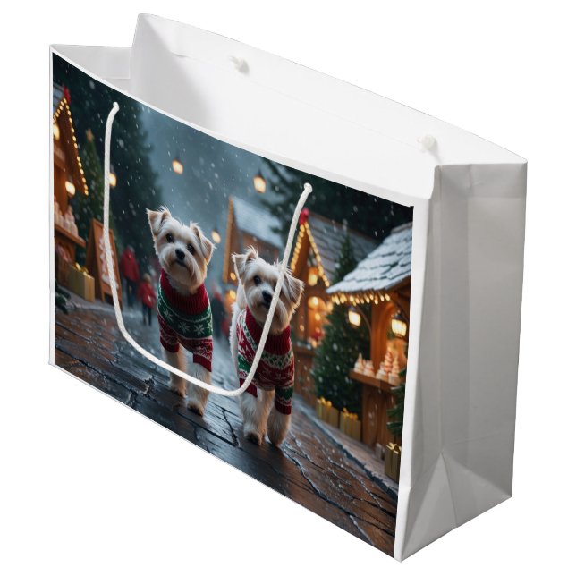 Maltese Dogs Christmas Snow Holiday Large Gift Bag (Front Angled)