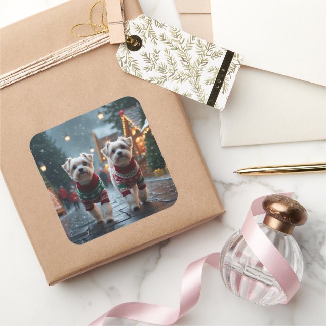 Maltese Dogs Christmas Snow Holiday Square Sticker (Gifting)