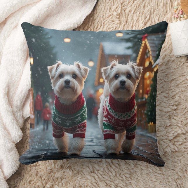 Maltese Dogs Christmas Snow Holiday Throw Pillow (Blanket)