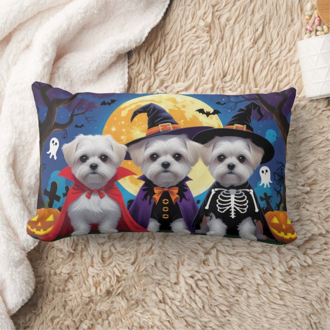 Maltese Dogs Pumpkin Halloween Funny Lumbar Pillow (Blanket)