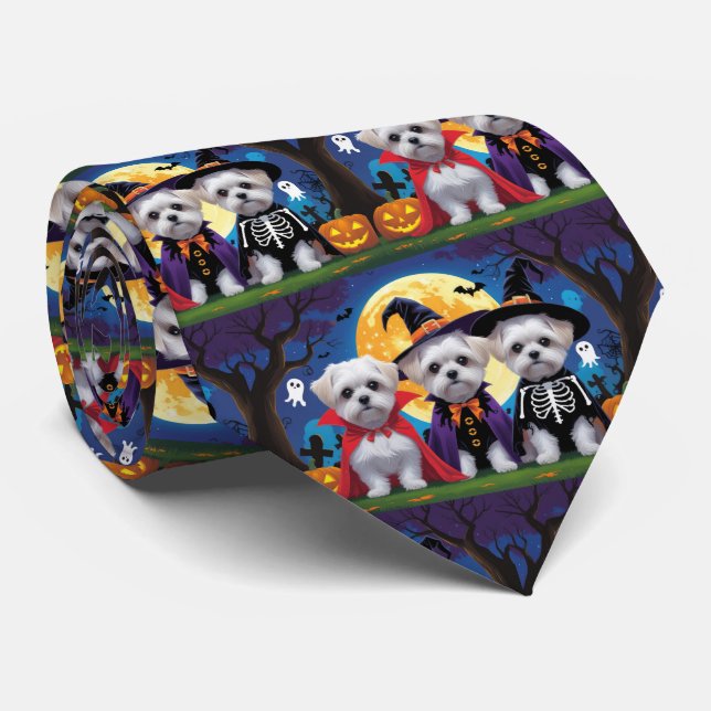 Maltese Dogs Pumpkin Halloween Funny Tie (Rolled)