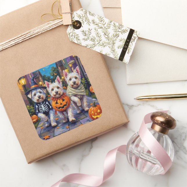 Maltese Dogs Trick-or-Treating Halloween Costumes Square Sticker (Gifting)