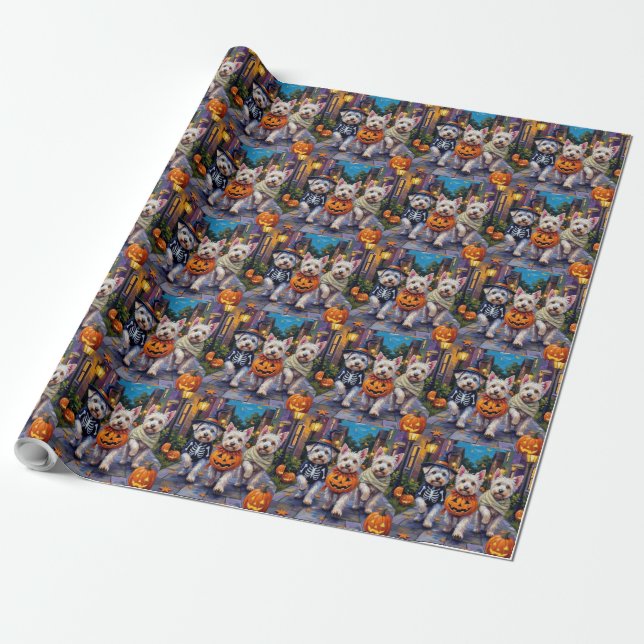 Maltese Dogs Trick-or-Treating Halloween Costumes Wrapping Paper (Unrolled)