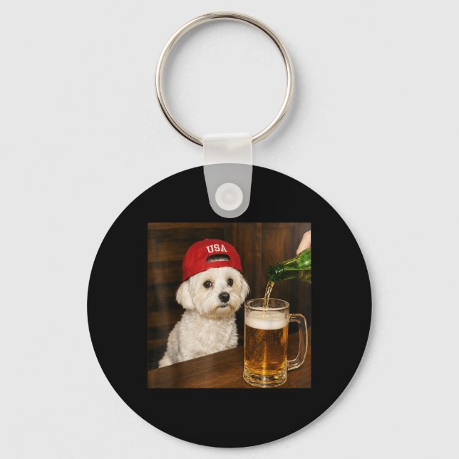 Maltese Drinking Beer Dog Lovers Funny Graphic Keychain (Front)